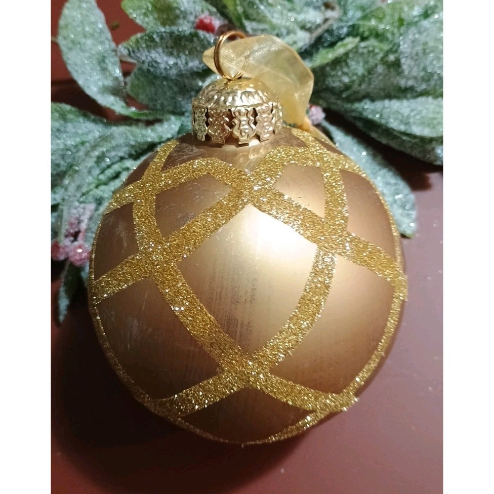 Frontgate‎ Glass Gold Round Glittery Christmas Ornament Gold Embellished